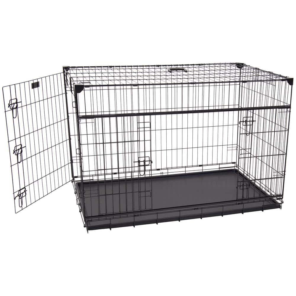 Lucky Dog 48 in. Sliding Double Door Dog Crate with Patented Corner Stabilizers, Removable Tray, Rubber Feet and Carrying Handle ZW 51548