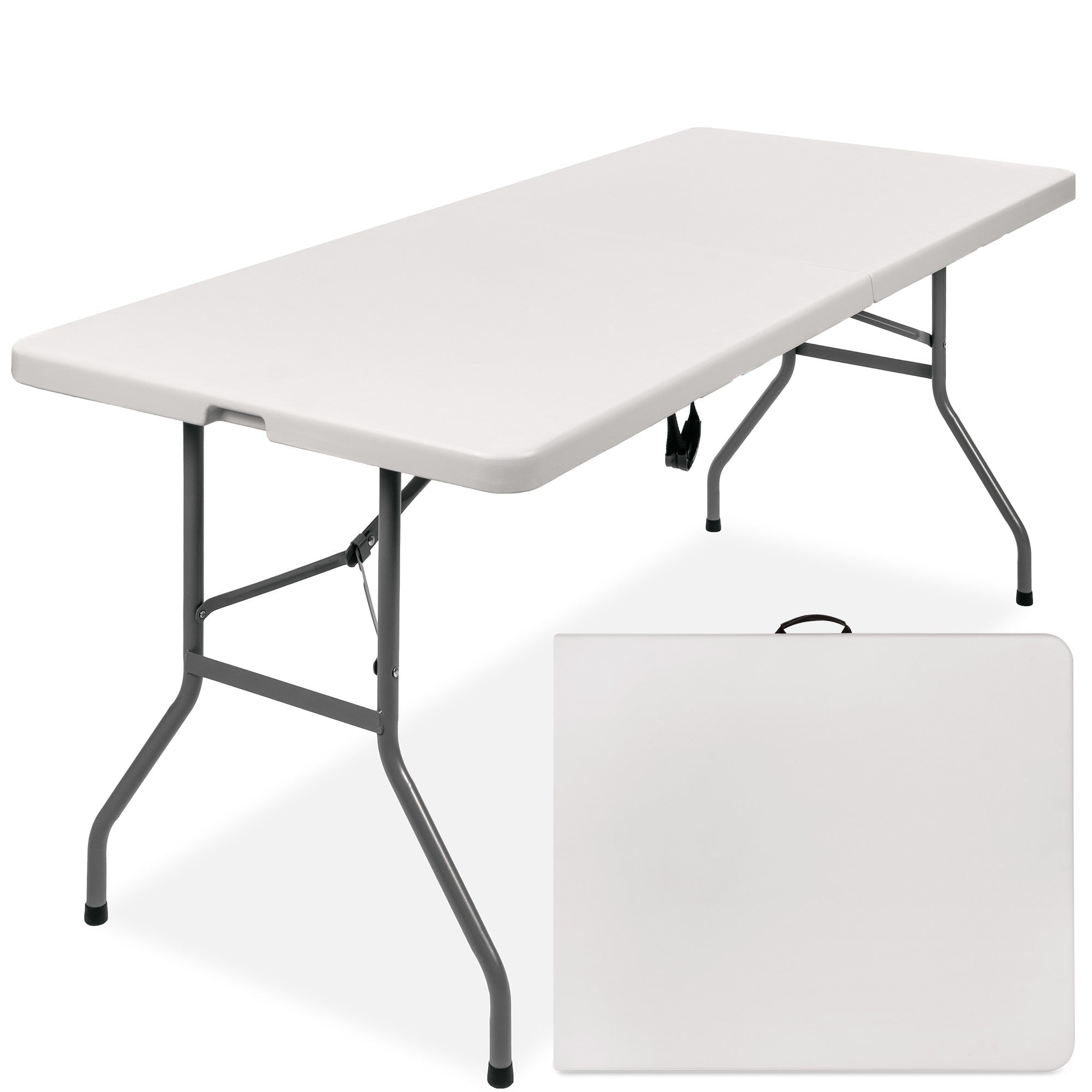 CozyBox 6ft Plastic Folding Table Centerfold Picnic Table， Bi-Fold White Plastic Table for Tailgating Camping and Outdoor (4ft，6ft，8ft)