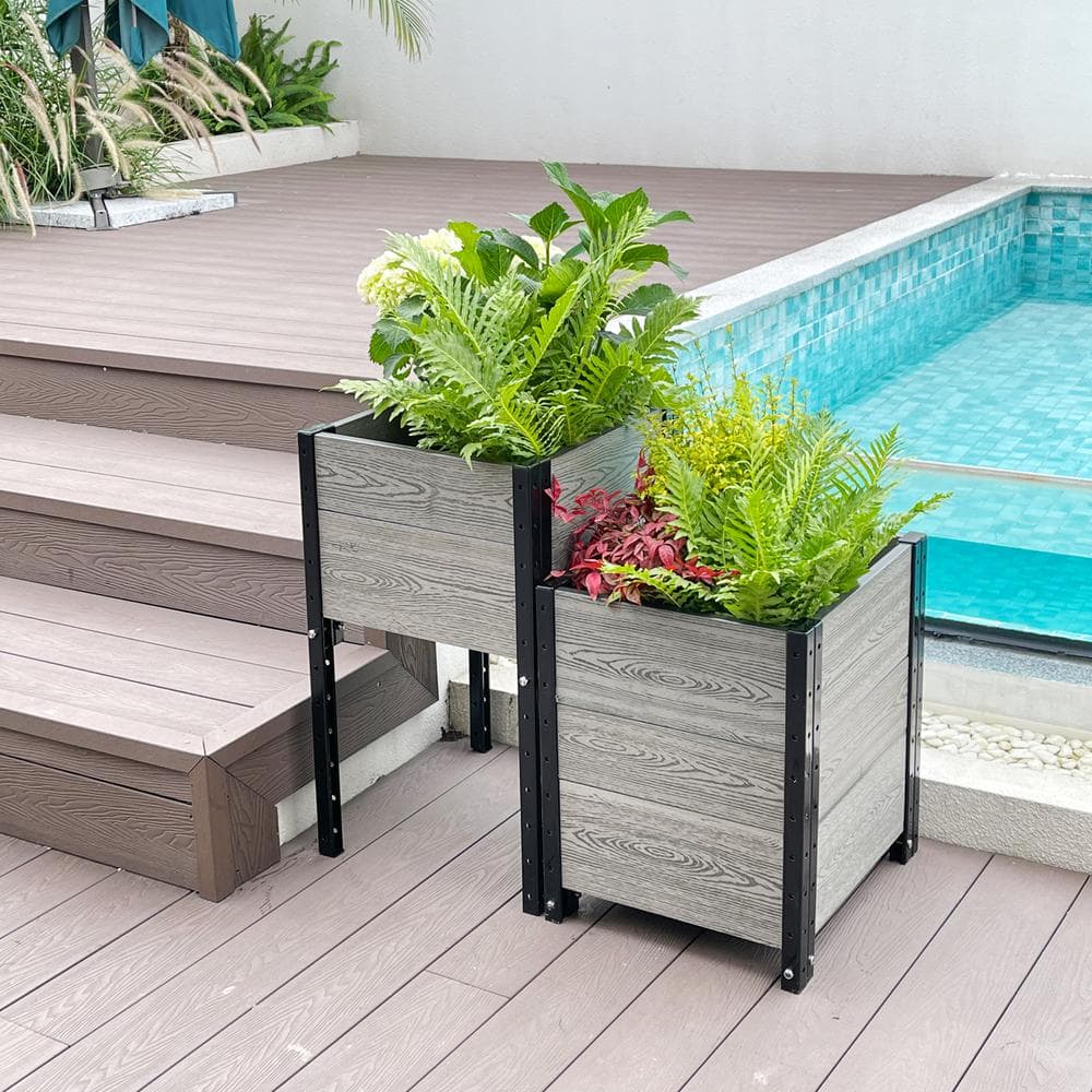 EverBloom 17 in. D x 28 in. H x 38 in. W Grey and Black Composite Board and Steel 2-Corner Planter Bundle K2217G