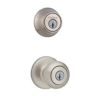 Kwikset Cove Satin Nickel Keyed Entry Door Knob and Single Cylinder Deadbolt Combo Pack featuring SmartKey and Microban T690CV15SMTCPK6