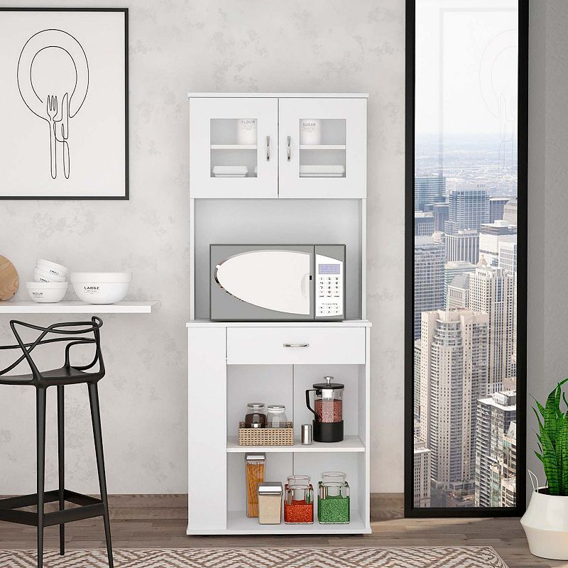 Poole Pantry Cabinet， Three Side Small  Shelves， One Drawer， Double Door Cabinet， Four Adjustable Metal Legs