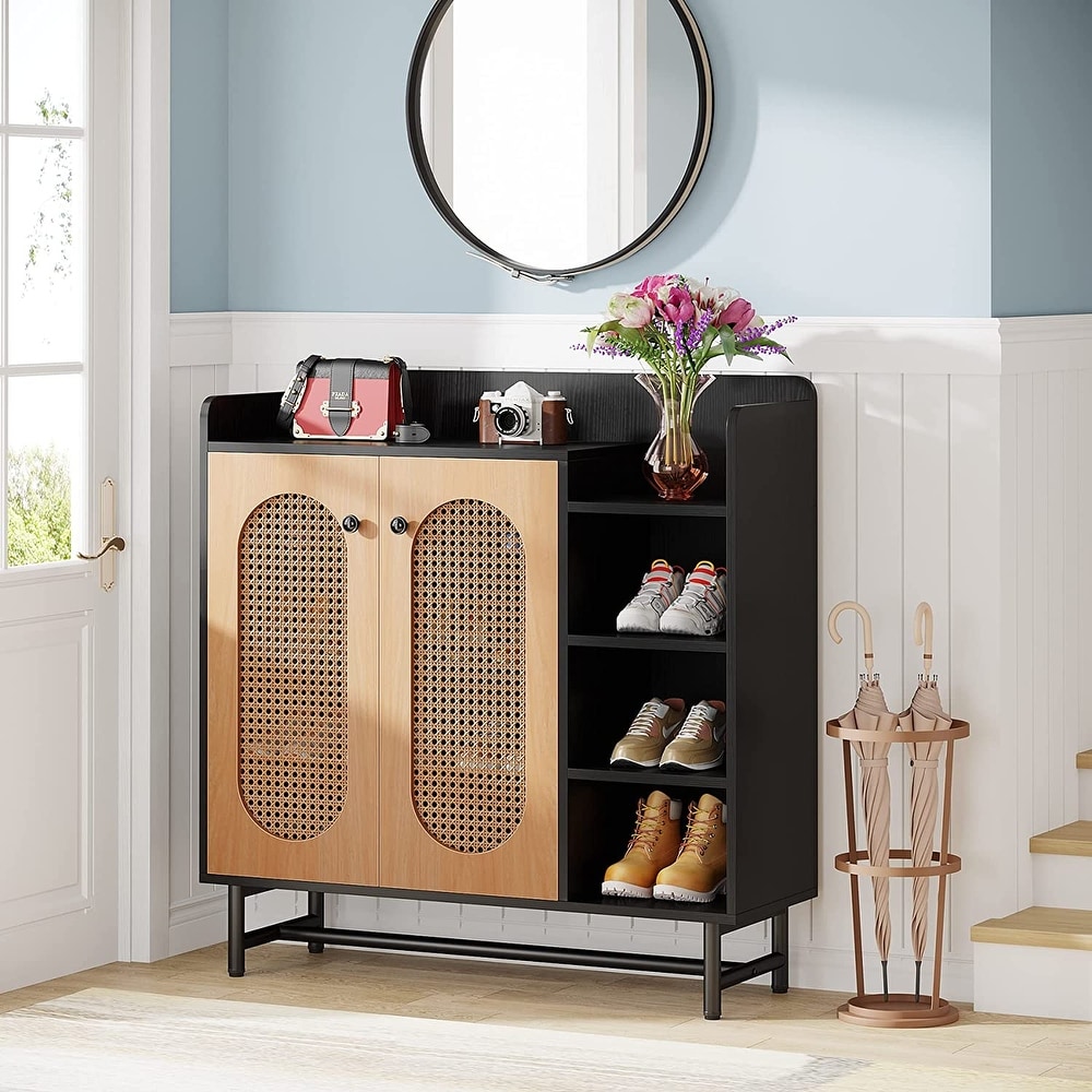 Rattan Shoe Storage Cabinet with Doors for Entryway with 5 Shelves