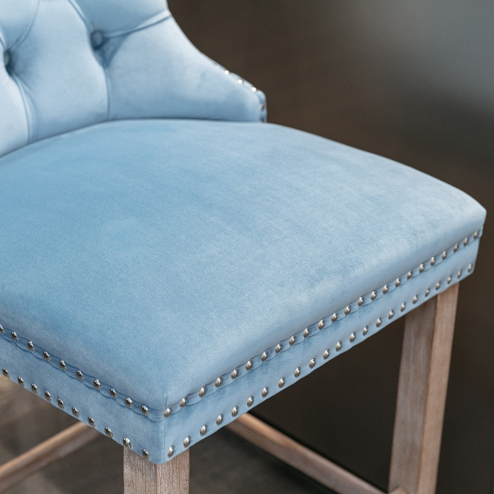 Set of 2 Velvet Upholstered Barstools with Button Tufted Decoration and Wooden Legs