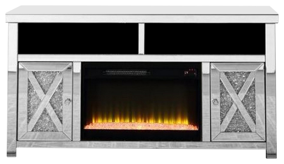 Benzara BM269586 TV Stand  Electric Fireplace  ampBeveled Mirror Framing  Silver   Contemporary   Entertainment Centers And Tv Stands   by Uber Bazaar  Houzz