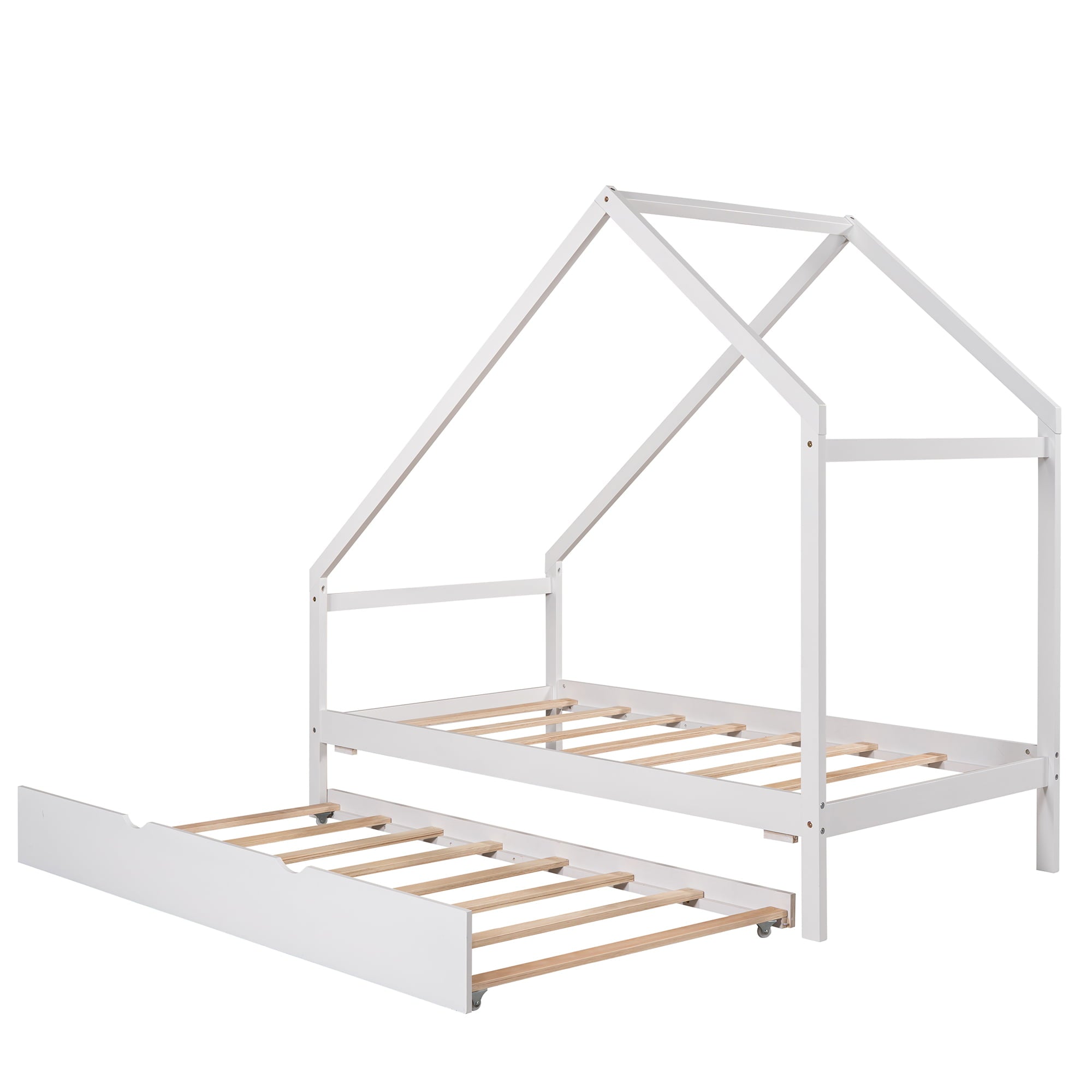 Twin House Bed with Twin Trundle, Wood Floor House Bed Frame for Kids, Boys and Girls, No Box Spring Required, White