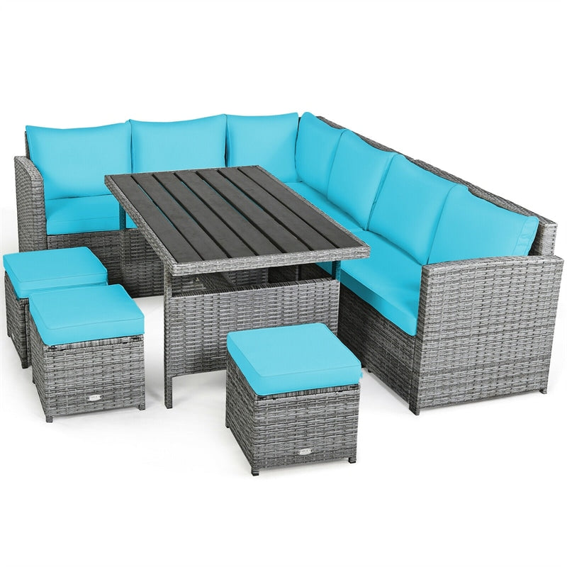 7 Pcs Rattan Patio Dining Furniture Sectional Sofa Set with Dining Table, Ottomans & Cushions