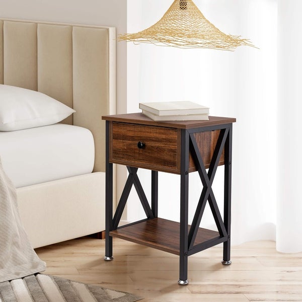 X-shaped Side Table with Drawer and Open Storage Shelves