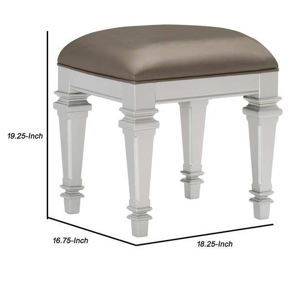 Leatherette Padded Vanity Stool with Tapered Legs and Molded Detail， Silver