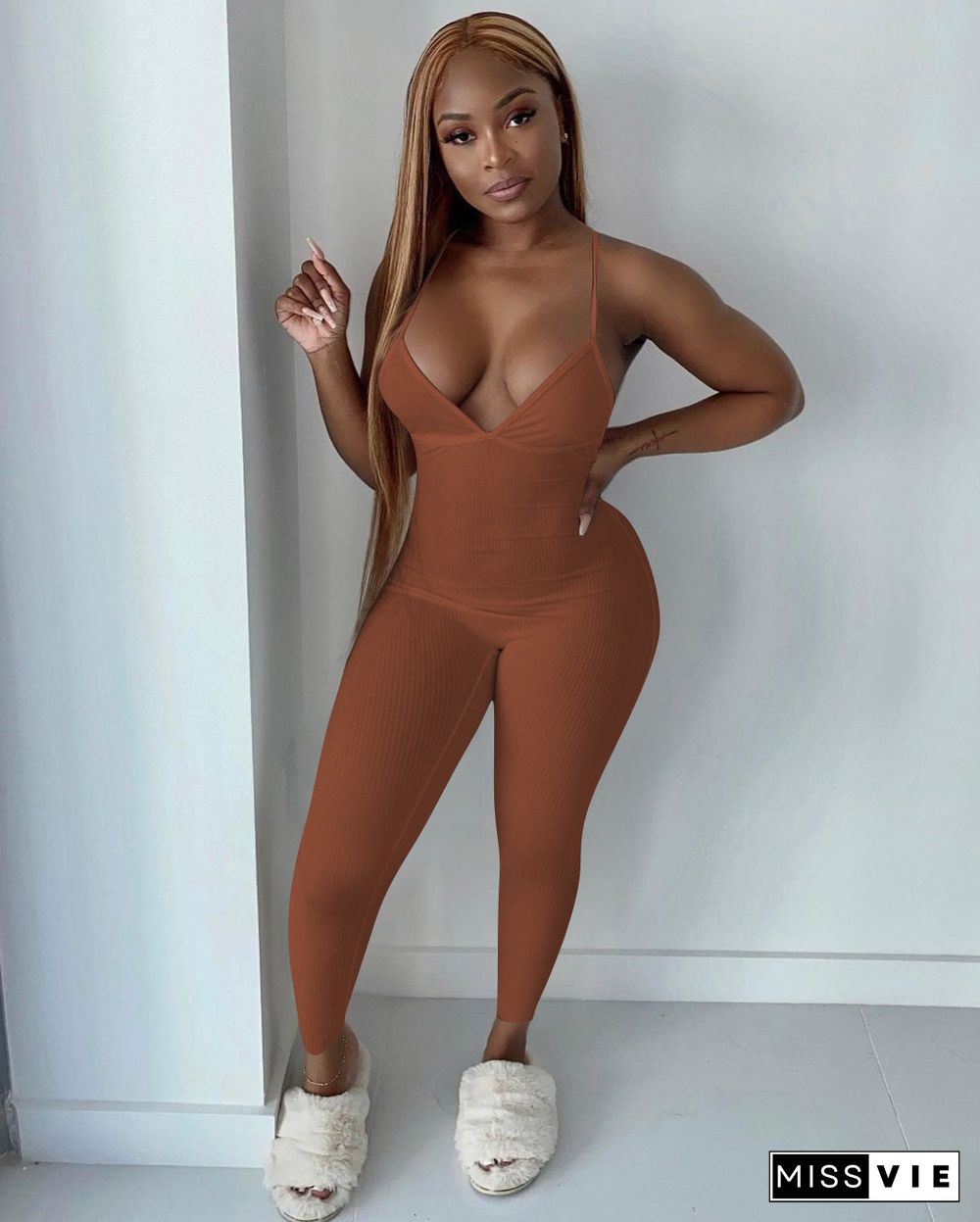 Women Sleeveless V-Neck Solid Ribbed Open Back Cross Summer Activewear Sexy One Piece Jumpsuit