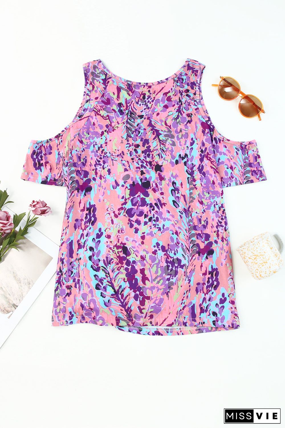 Multicolor Lavender Floral Print Cold Shoulder Blouse