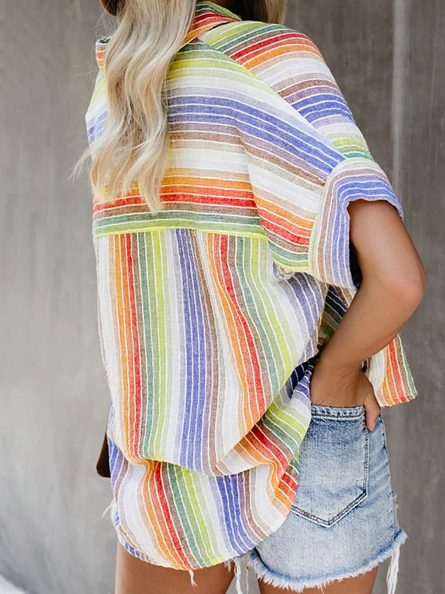 Striped Cotton And Linen Short-sleeved Blouse