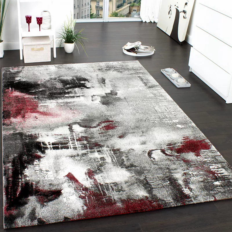 Artful Designer Rug in Mottled Grey Red Cream