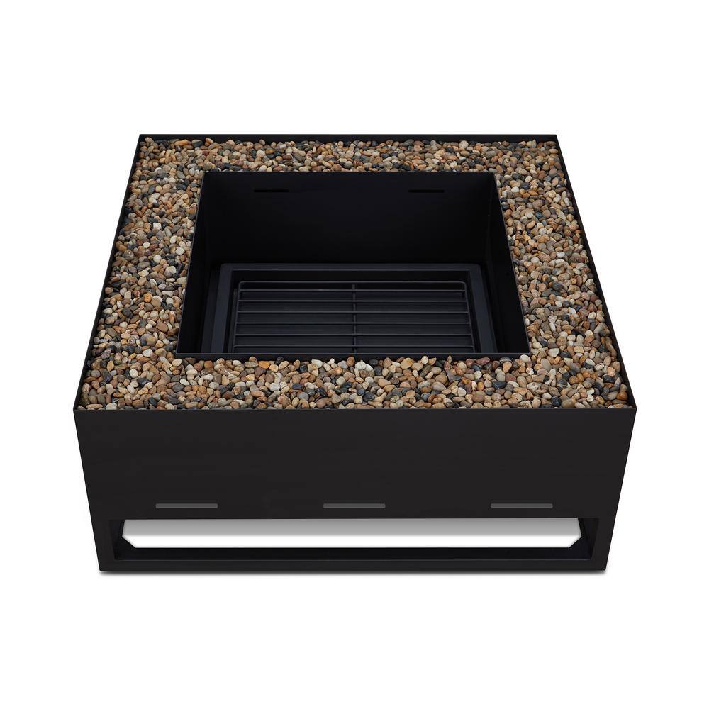 Real Flame Trey 36 in. W x 36 in. L Outdoor Square Powder Coated Steel Wood-Burning Fire Pit in Black with Decorative Pebbles 965-BLK