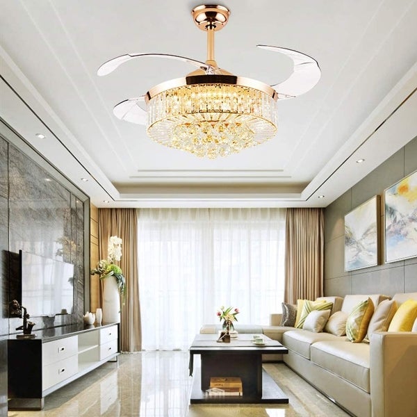 Crystal Ceiling Fan with Light Remote Control Chandelier Retractable Fandelier， Luxury 3 Color Lighting for Dining Room Shopping - The Best Deals on Ceiling Fans | 41540798