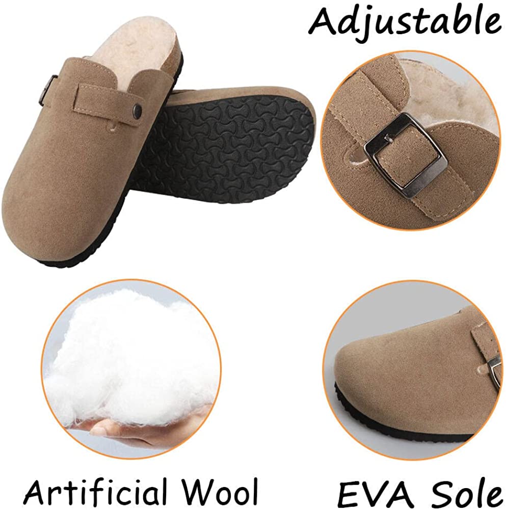 Women Boston Clogs  Suede Soft Leather Clogs Classic Cork Clog Antislip Sole Slippers Waterproof Mules House Sandals with Arch Support and Adjustable Buckle Unisex