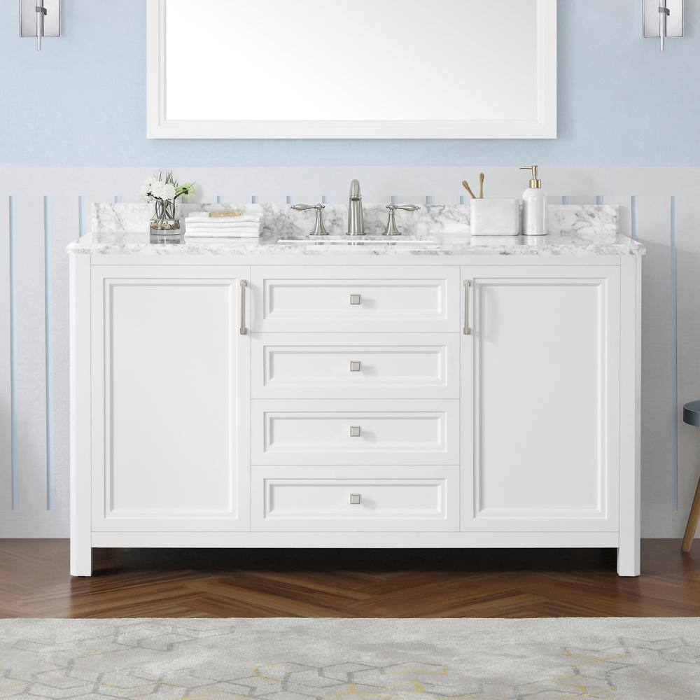 Home Decorators Collection Sandon 60 in. W x 22 in. D x 34.5 in. H Single Sink Bath Vanity in White with White Carrara Marble Top Sandon 60W