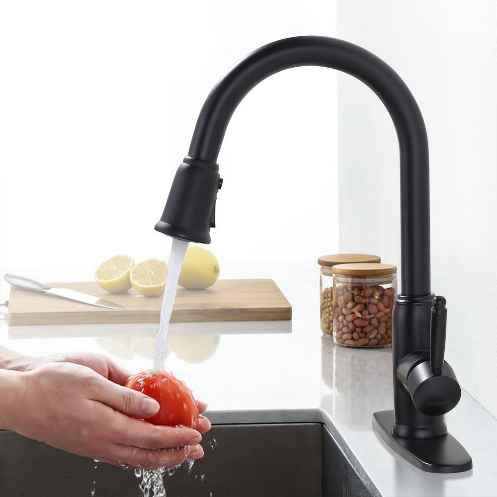 WOWOW Single Handle Deck Mount Gooseneck Pull Down Sprayer Kitchen Faucet with Deckplate Included in Matte Black 2310101B-AMUS