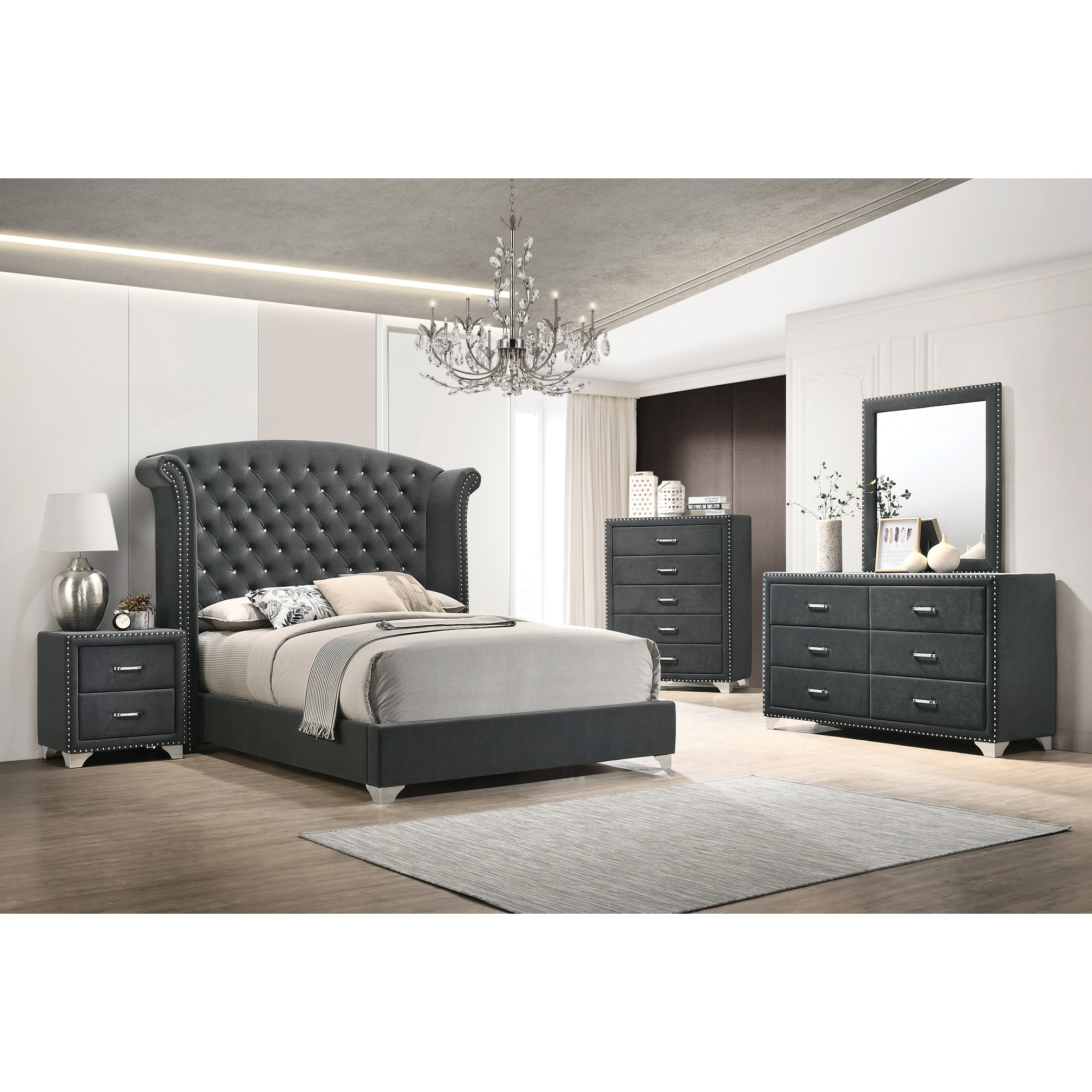 Chantel Grey 2-piece Wingback Queen Bedroom Set with Dresser - - 35029043