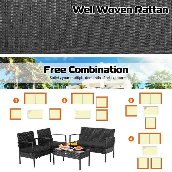 Costway 4 PCS Patio Rattan Furniture Set Cushioned Sofa Armrest Garden