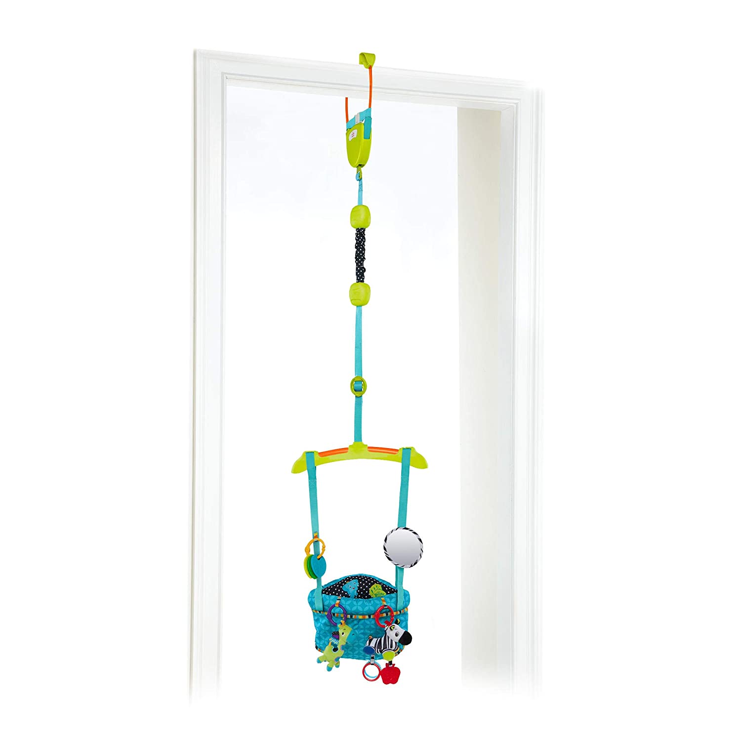 Bright Starts Bounce 'N Spring Deluxe Door Jumper with Take-Along Toys， Ages 6 months +， Blue