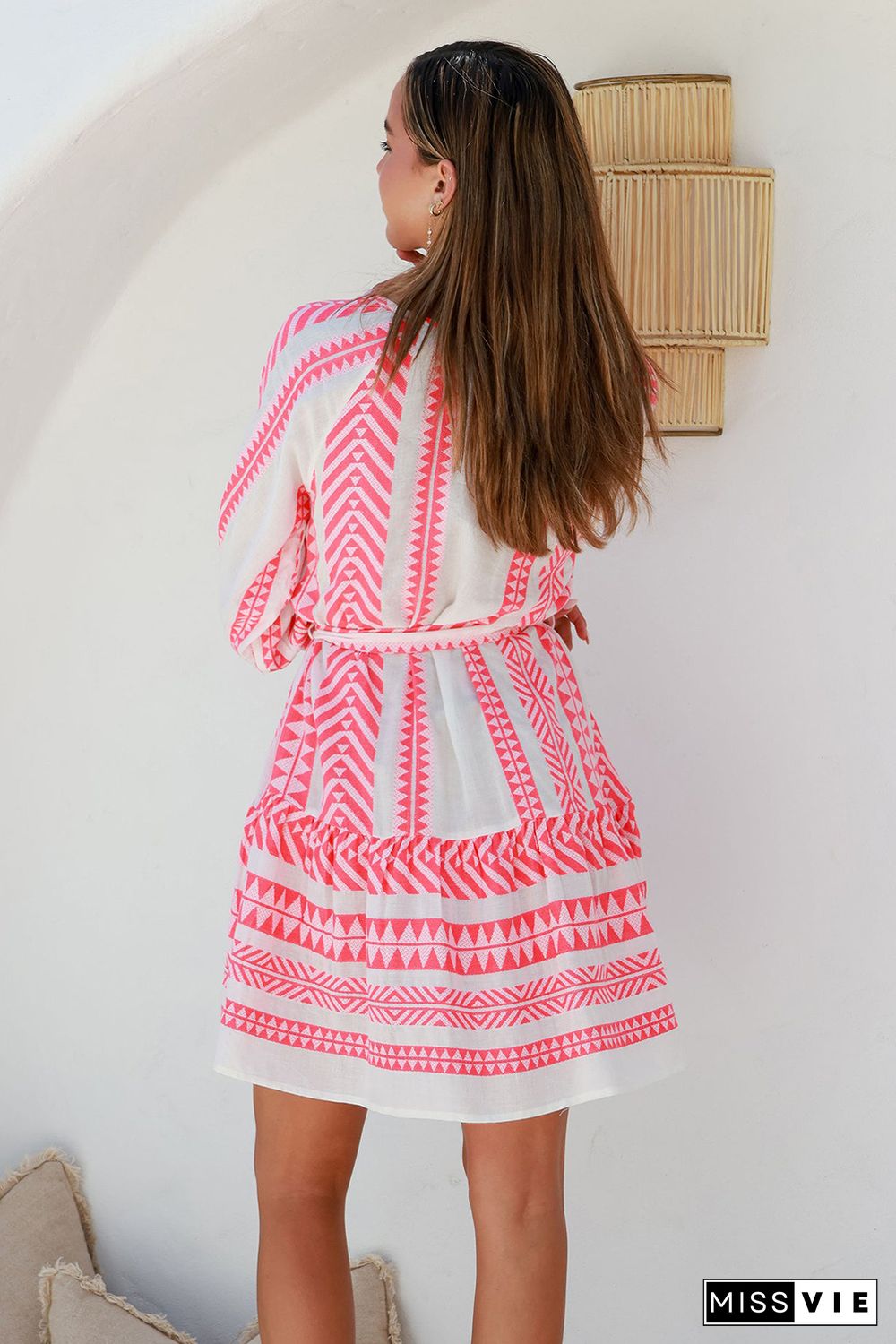 Red Geometric Print Belted Puff Sleeve Dress