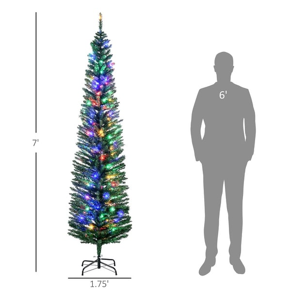 HOMCOM 7ft Tall Pencil Prelit Artificial Christmas Tree Holiday Décor with 499 Branches，180 Colorful LED Lights，Steel Base