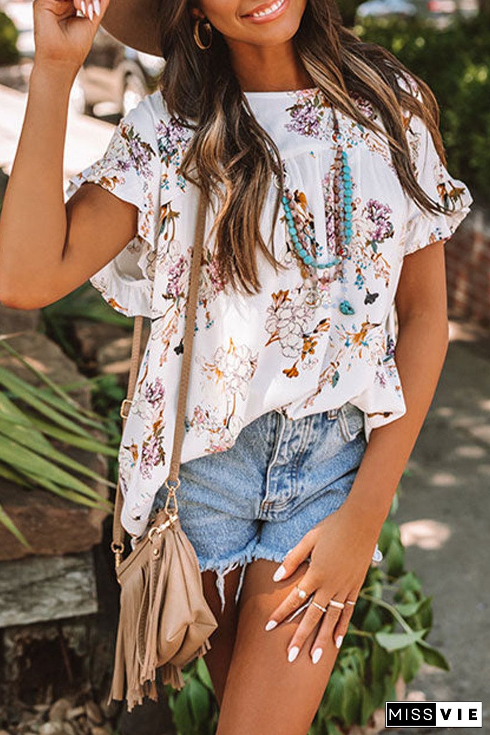 Floral Ruffled Short Sleeve Back Knot Blouse