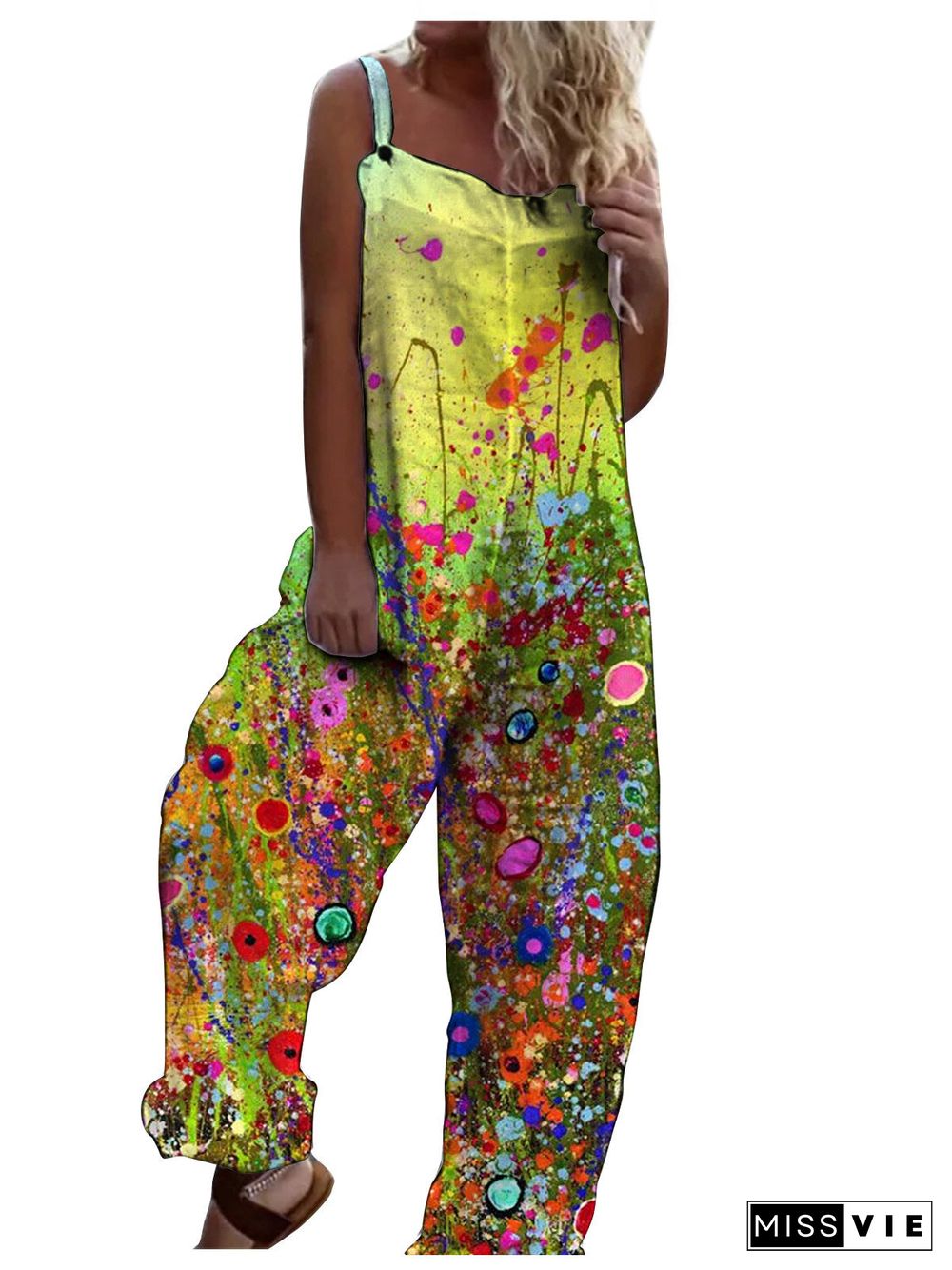 Women's Simple Loose Graphic Printed Sleeveless U-neck Jumpsuits