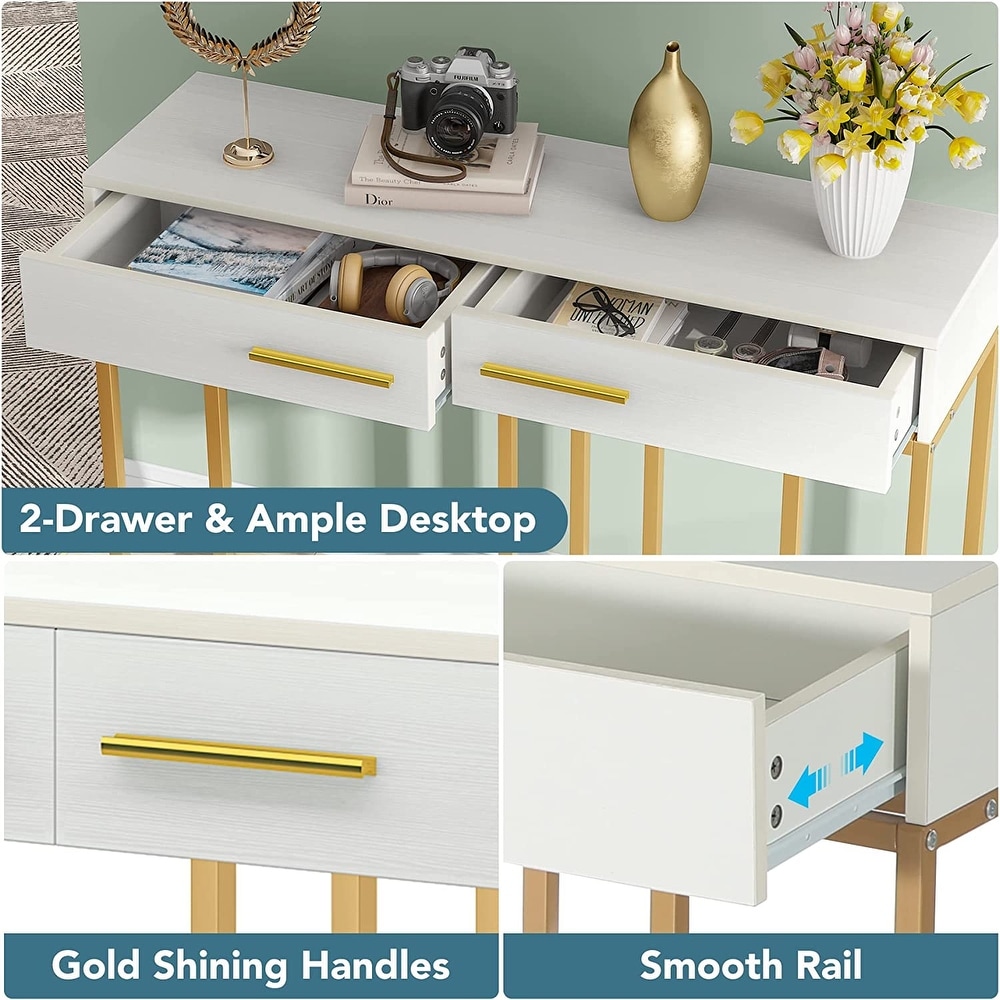 2 Drawer Console Table  White and Gold Sofa Table for Living Room   13.78\