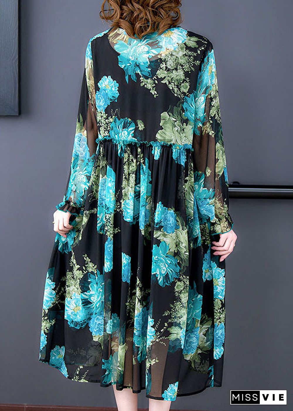 Italian Blue V Neck Ruffled Print Patchwork Chiffon Mid Dress Long Sleeve