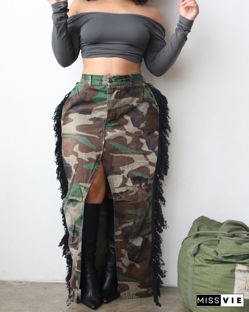 Camo Print Streetwear Tassel Side High Slit Skirt