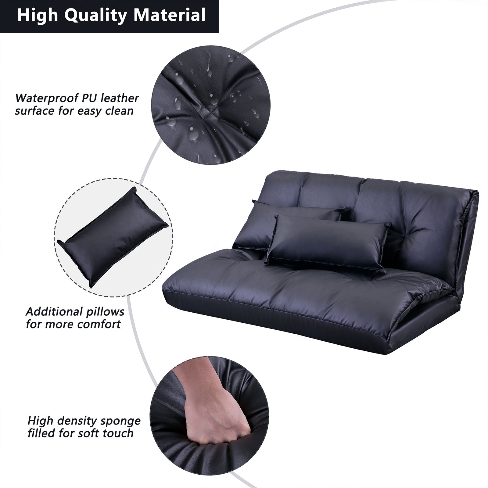 Adjustable Folding Leisure Sofa Bed, Reclining Sofa Couch for Bedroom Living Room with 2 Pillows