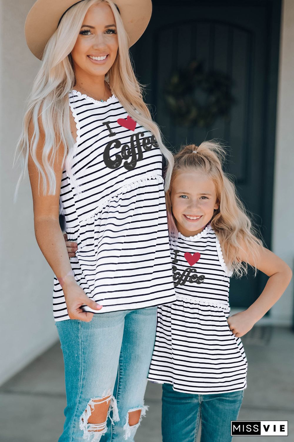 Family Matching I Love Coffee Heart Print Striped Tank Top