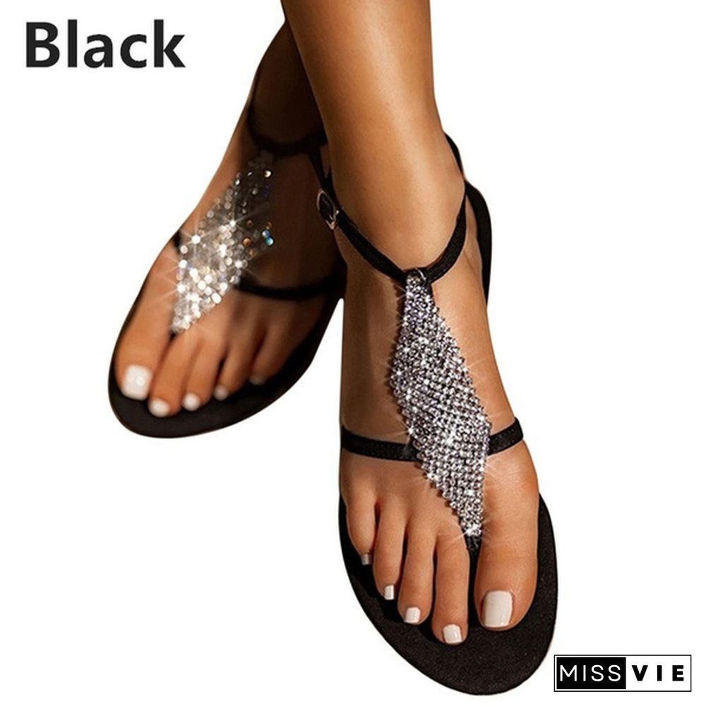 Summer Bohemia Flip Flops Women Rhinestone Sandals Slippers Low Heel