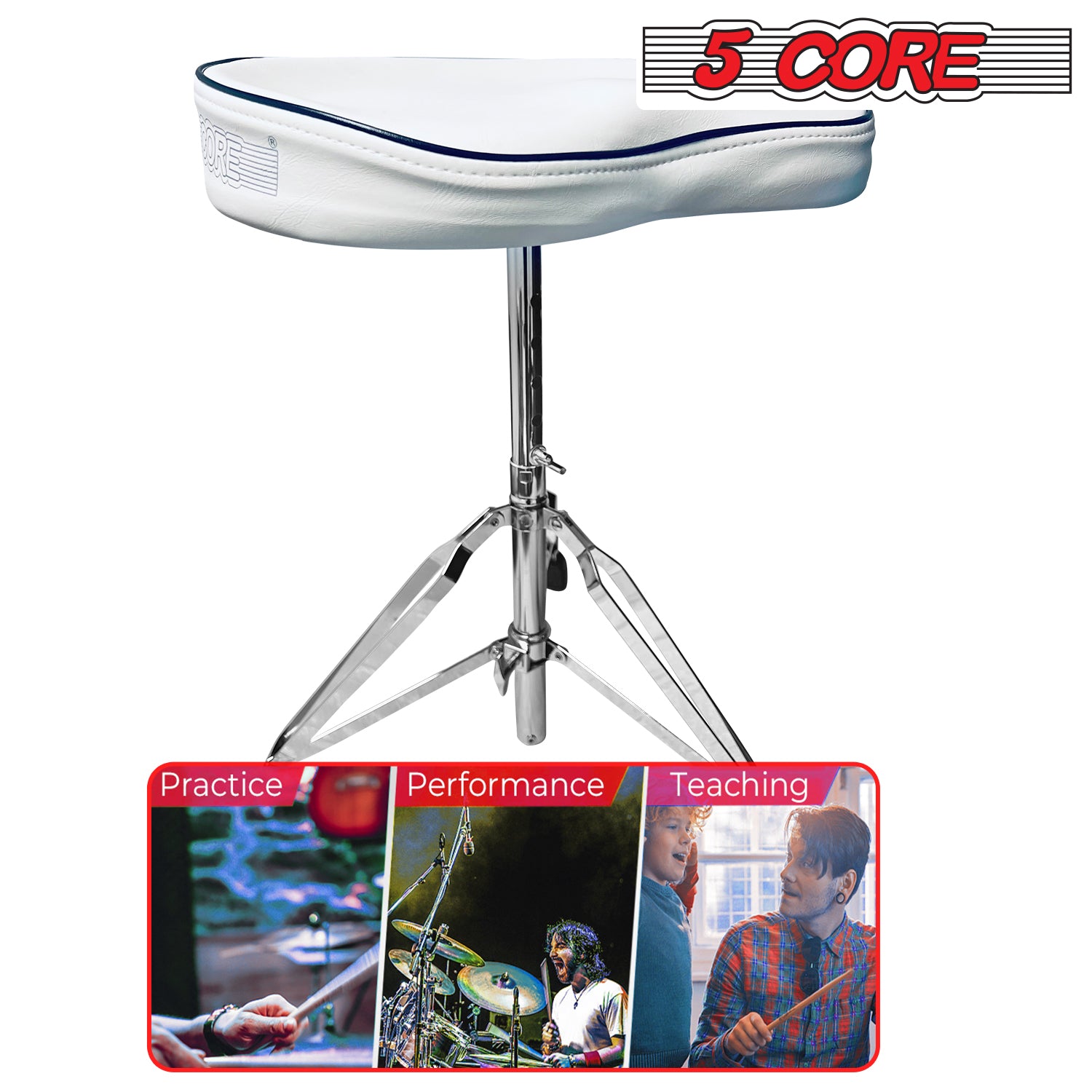 5 Core Drum Throne Saddle White| Height Adjustable Padded Comfortable Drum Seat with Two Drumsticks| Stools Chair Style with Double Braced Anti-Slip Feet, Comfortable Seat for Drummers, Guitar Players- DS CH WH SDL