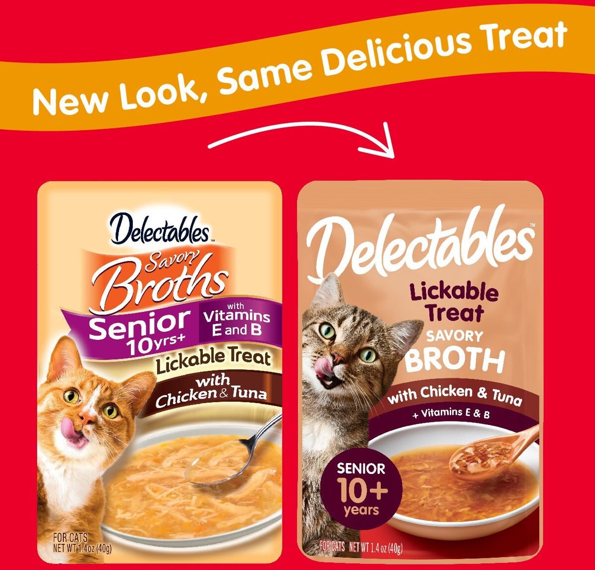 Hartz Delectables Savory Broths Senior 10+ Chicken and Tuna Grain-Free Lickable Cat Treats， 1.4-oz pouch， pack of 12