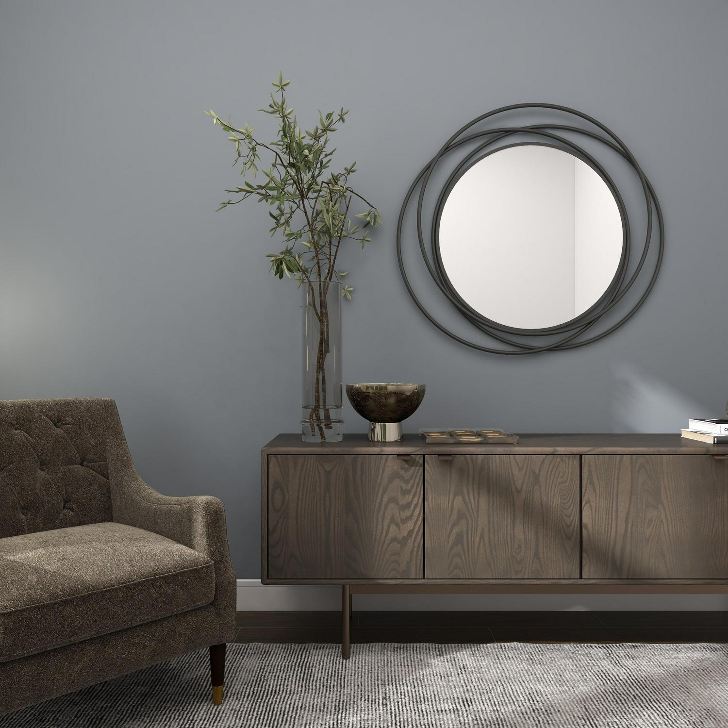 DecMode Gray Modern Metal Wall Mirror with Overlapping Rings Frame， 42 W x 40 H