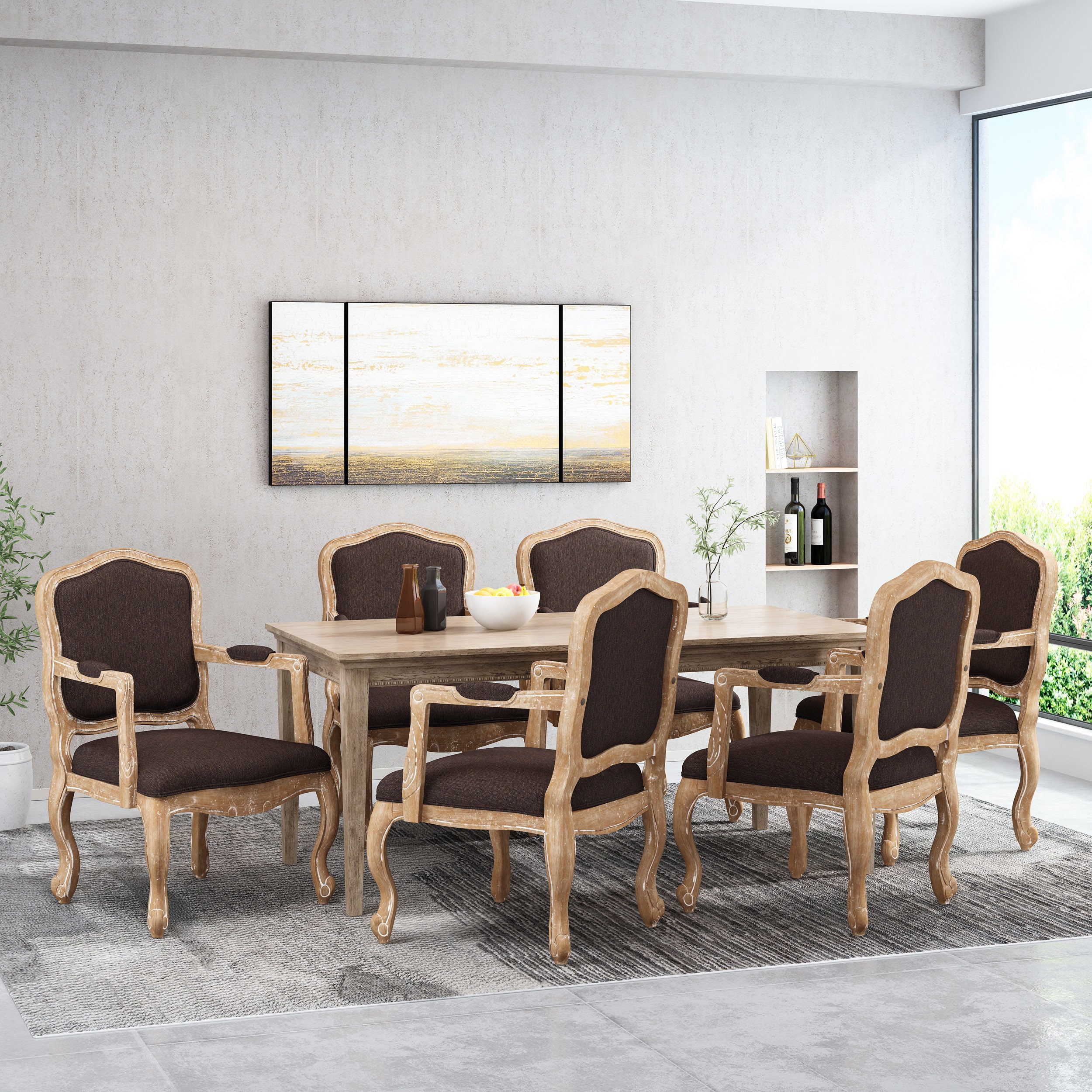 Stene French Country Wood Upholstered Dining Armchair