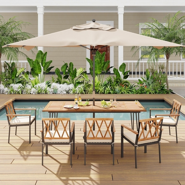 Rectangular Patio Dining Table for 8 with Acacia Wood Tabletop and Umbrella Hole