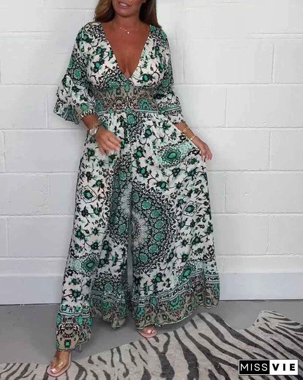 Green Paisley Long Sleeve Jumpsuit