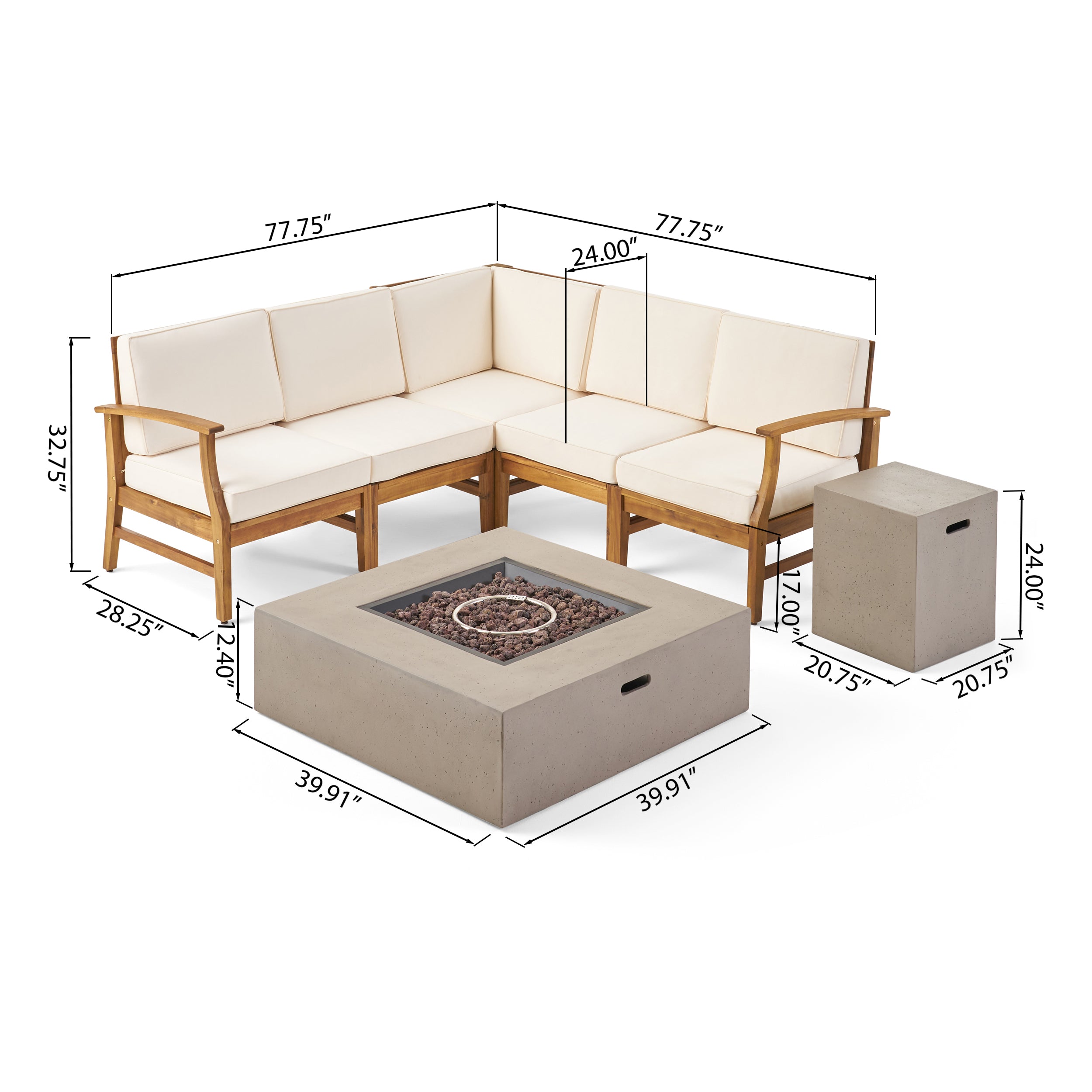 Nyeemah Outdoor 5 Seater V-Shaped Acacia Wood Sofa Set with Square Fire Table and Tank