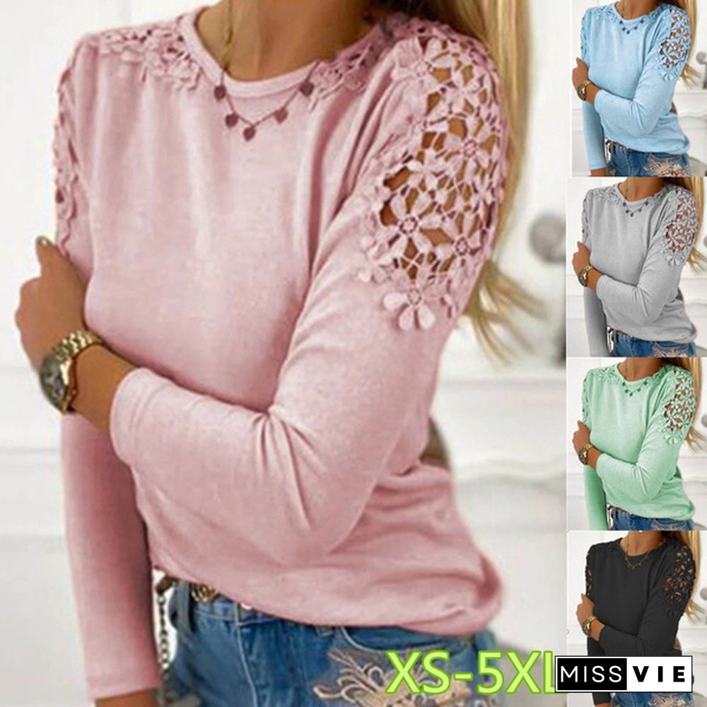 Women's T-shirt New Fashion Women's Lace Sleeve Round Neck XS-5XL Plus Size Casual T-shirt Loose Soft Solid Color Top