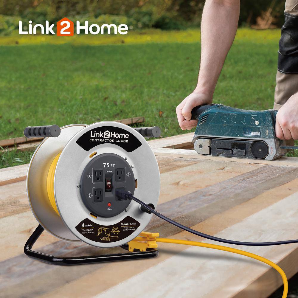 Link2Home 75 ft. 123 Extension Cord Storage Reel with 4 Grounded Outlets and Overload Circuit Breaker EM-CG-750-N