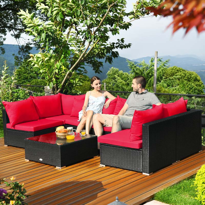 7 Pcs Rattan Patio Furniture Sectional Sofa Set Outdoor Wicker Conversation Set with Back & Seat Cushions Pillows