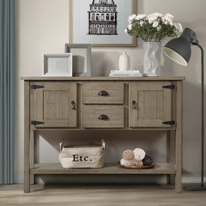 Retro Style 48'' Console Table with 2 Drawers and Cabinets and Bottom Shelf Rustic   Console Table