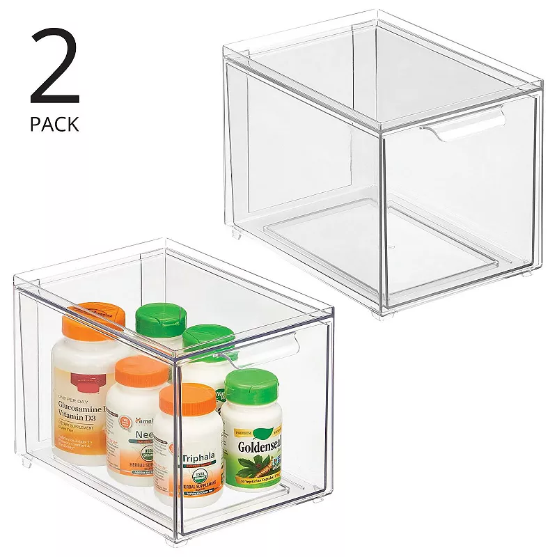 mDesign Clarity 8 x 6 x 6 Plastic Stackable Bathroom Storage Organizer with Drawer， 2 Pack