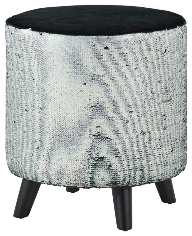 Polyester Silver And Black Sequin Accent Stool With Wooden Legs  16 quotX 17 quot  Midcentury   Vanity Stools And Benches   by Brimfield  ampMay  Houzz