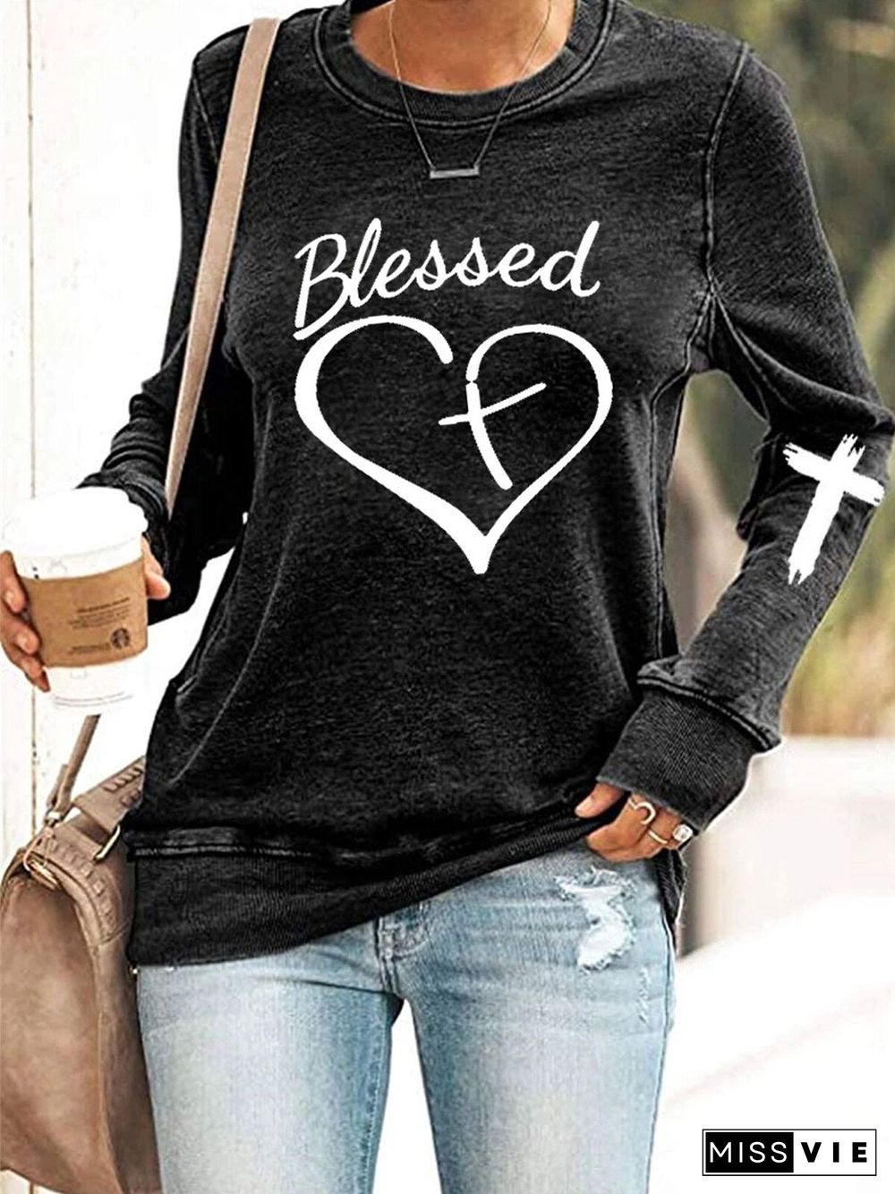 Women's Blessed Love Heart Print Casual Sweatshirt