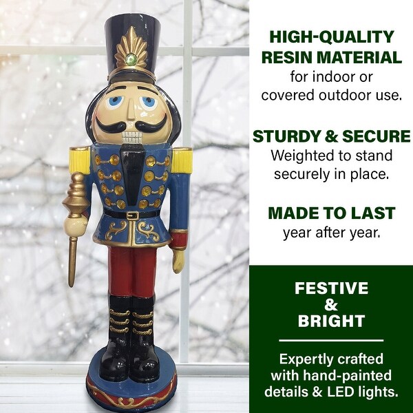 Fraser Hill Farm 3Ft. Nutcracker Toy Soldier Holding a Staff，Resin Statue w/ LED Lights，Indoor or Outdoor Christmas Decor