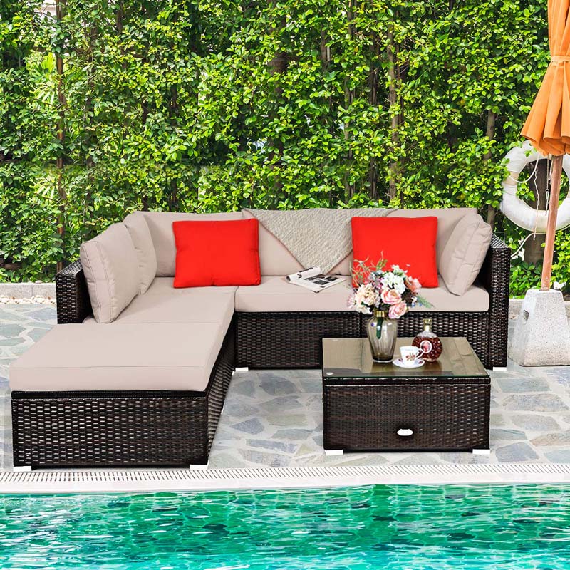 6 Pcs Outdoor Rattan Sectional Sofa Set with Coffee Table & Removable Seat & Back Cushions